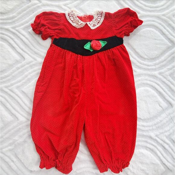 VTG 80s Red and Polkadot Velour Smocked Romper 6-9 Months - Picture 12 of 12